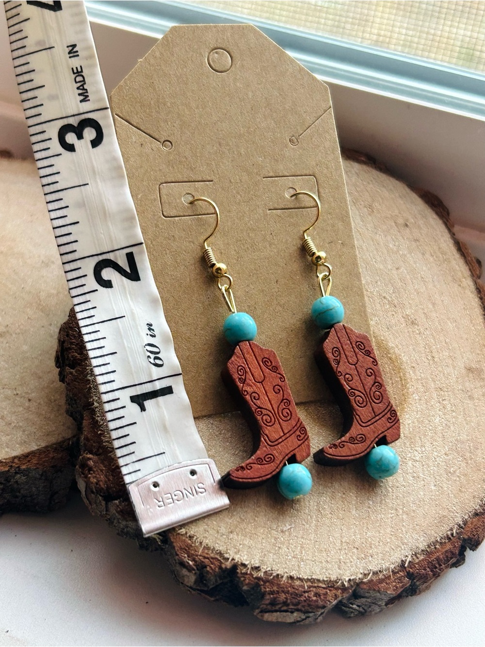 Handmade Western Cowboy Boot Earrings Turquoise Cowgirl Boho Rodeo NWT - Picture 4 of 4